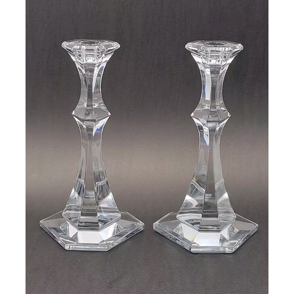 Val St Lambert France 9.25" Multisided Giftware Pair Candlesticks Candle Holders